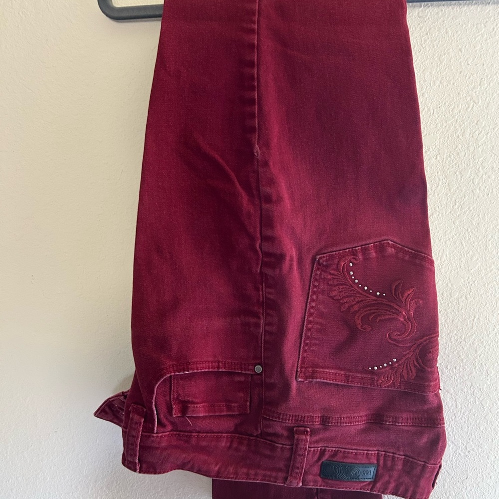 Women's Red Embroidered Jeans